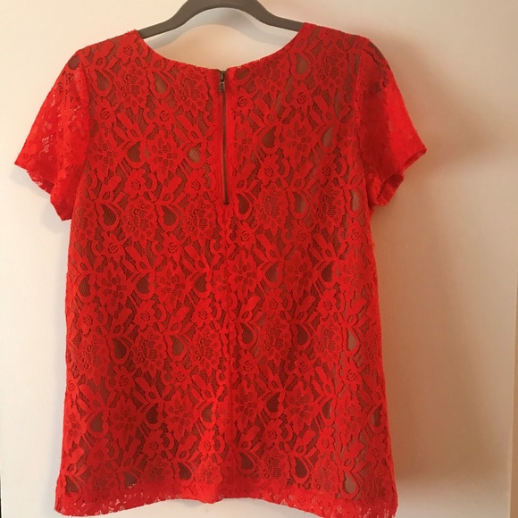 Lace top lined flesh tone body/sheer sleeves L - Picture 3 of 3